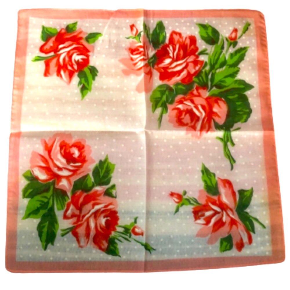 VINTAGE ROSE PATTERN HANDKERCHIEF • EUC